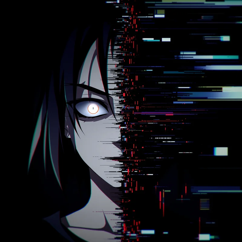 Dandadan anime avatar with shadow and glitch split face