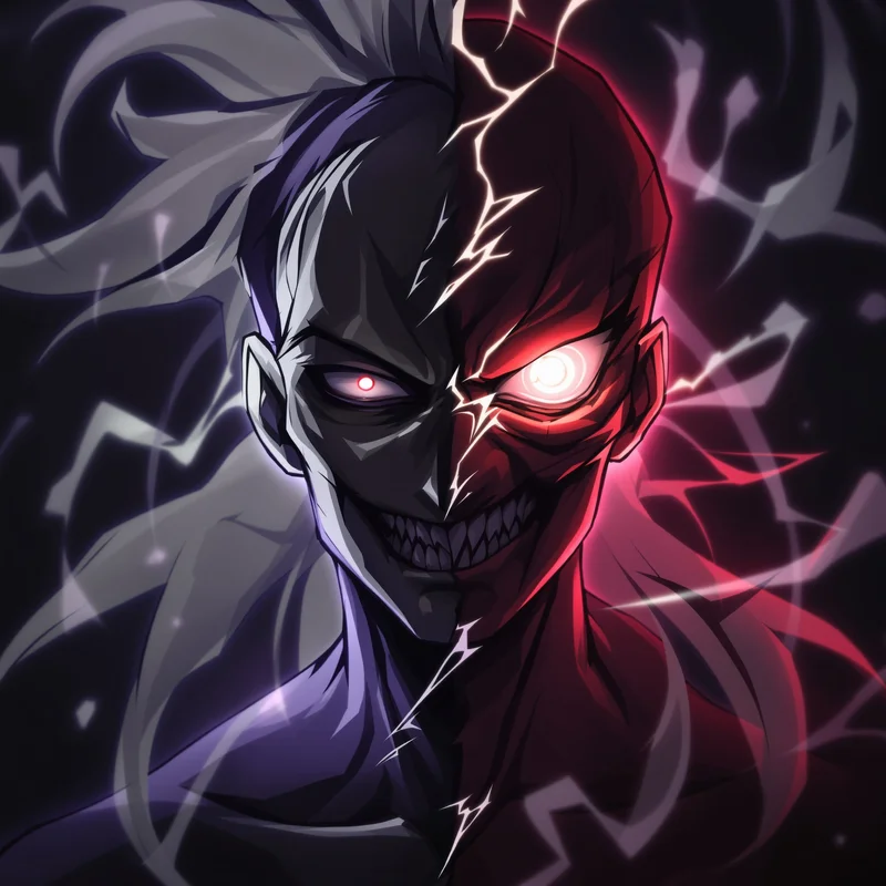 Dandadan anime avatar with split face normal and distorted form