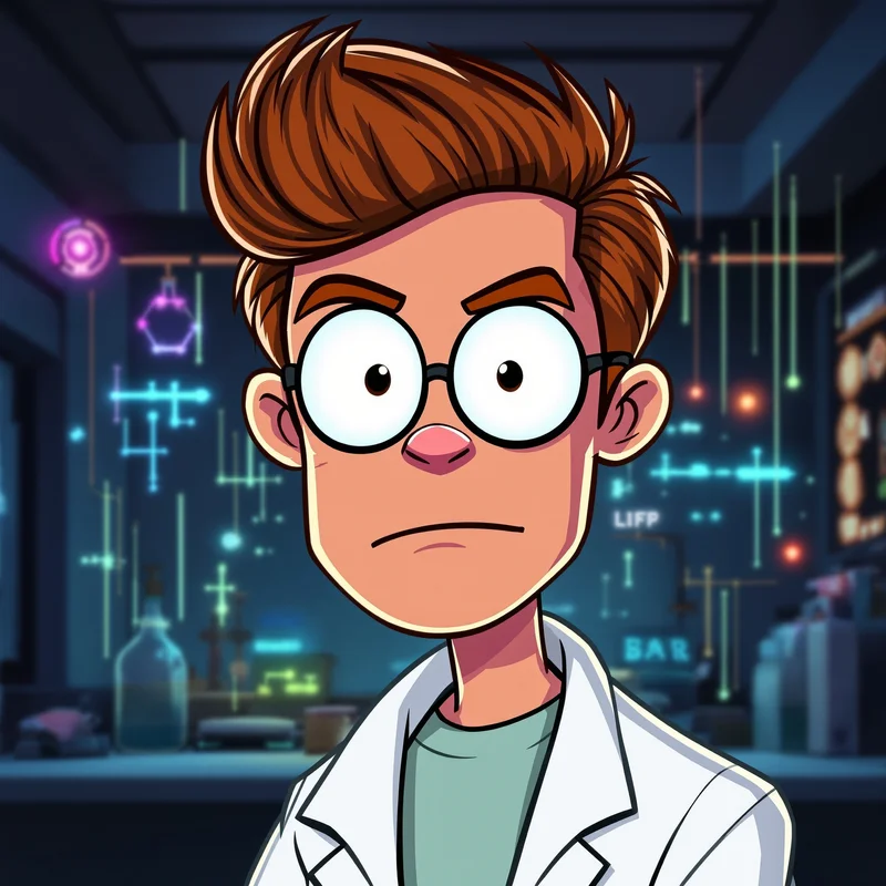 Dexter avatar image with composed expression and bright lab glow