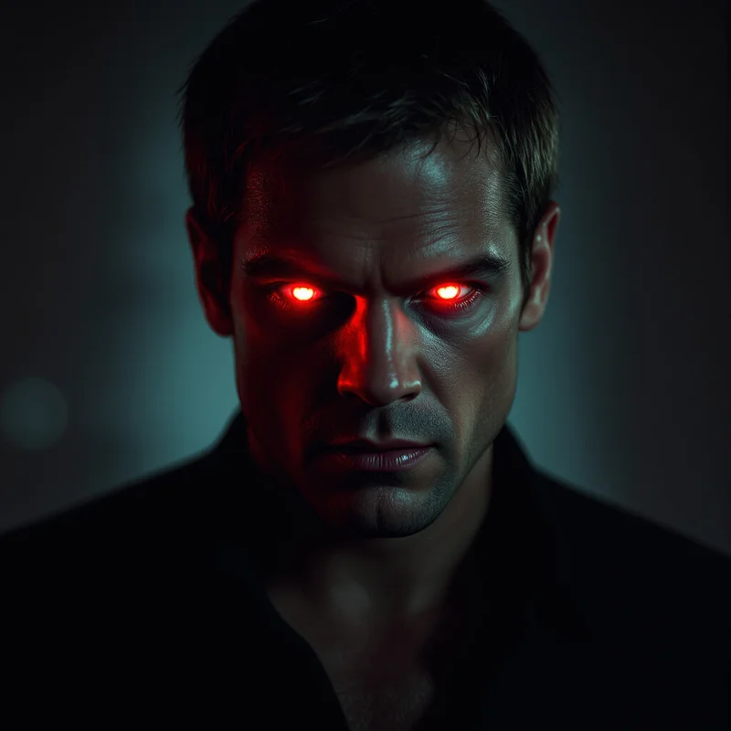 Dexter PFP with glowing crimson eyes and shadows