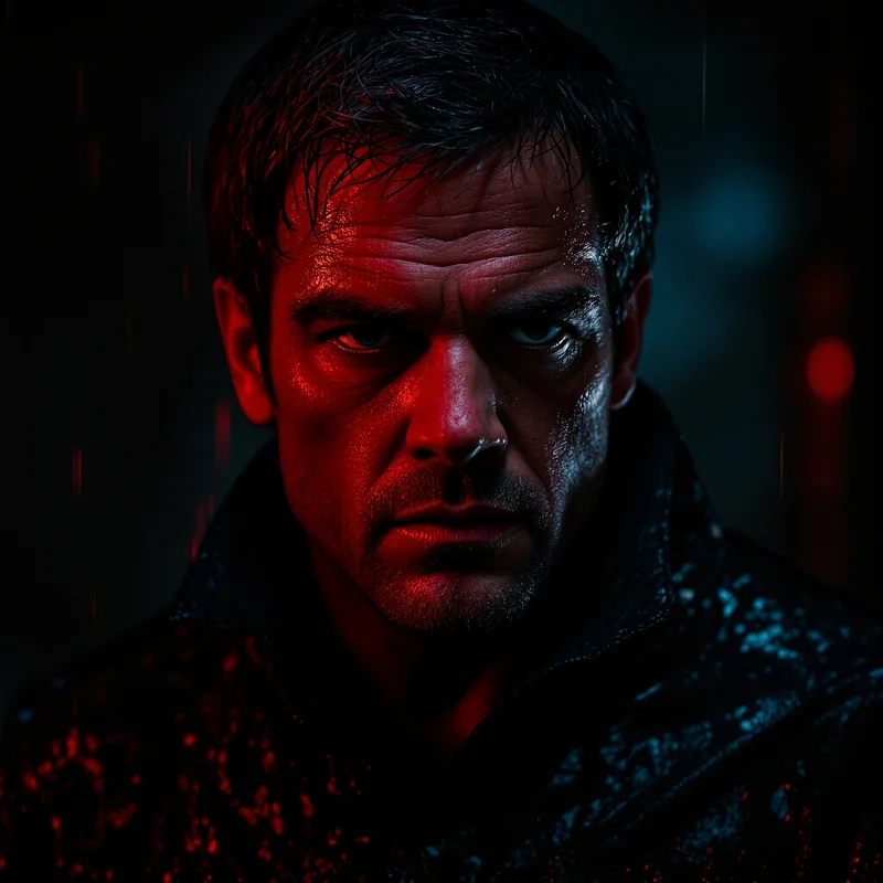 Dexter PFP wearing raincoat under crimson lighting