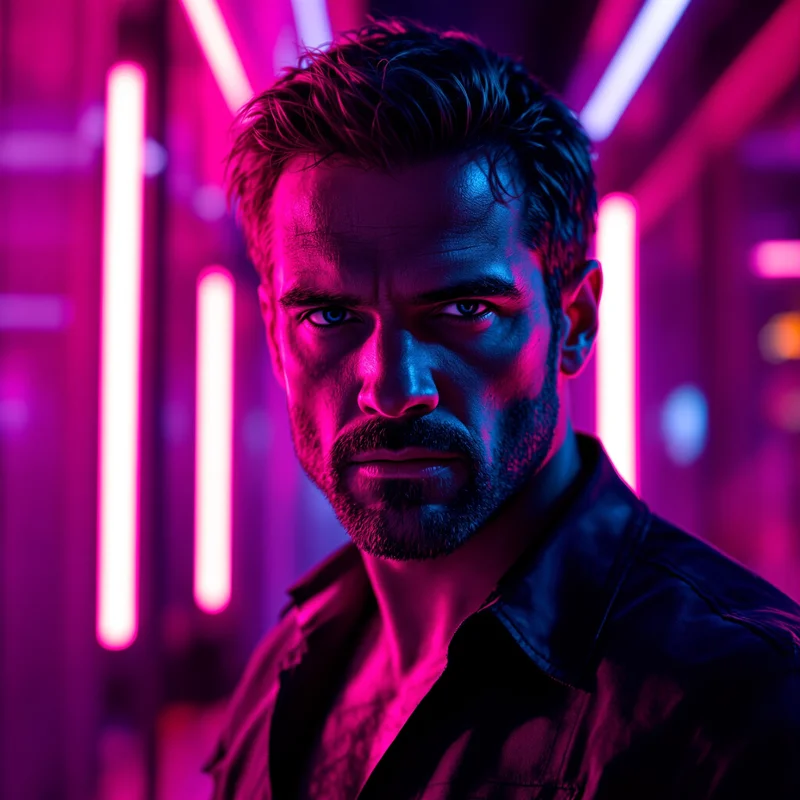 Dexter PFP with neon Miami cyber lighting and cold expression