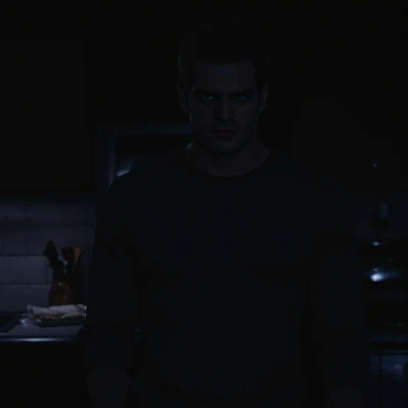 Dexter PFP in dark midnight kitchen atmosphere