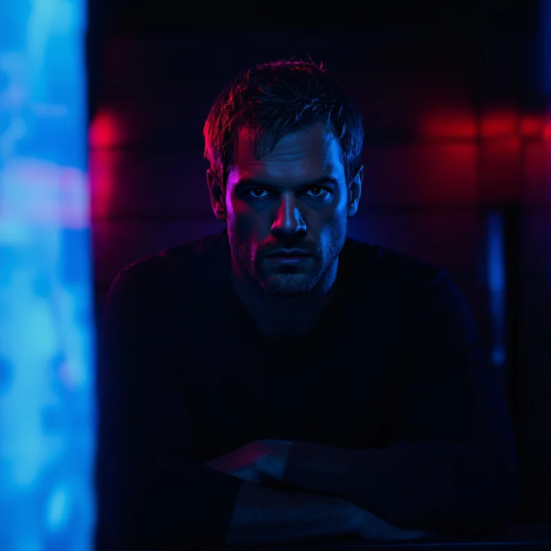 Dexter PFP in neon interrogation room