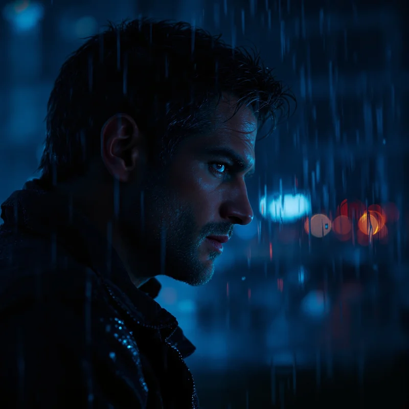 Dexter PFP beside rainy window with blue cinematic mood
