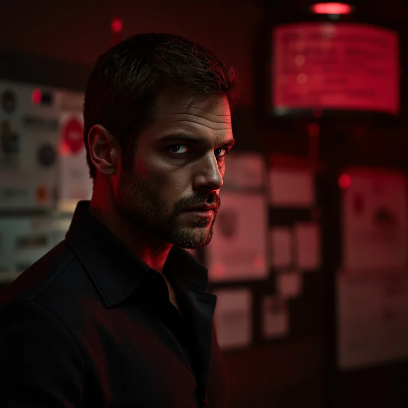 Dexter PFP beside red evidence board wall