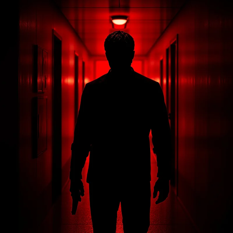 Dexter PFP standing in red hallway darkness