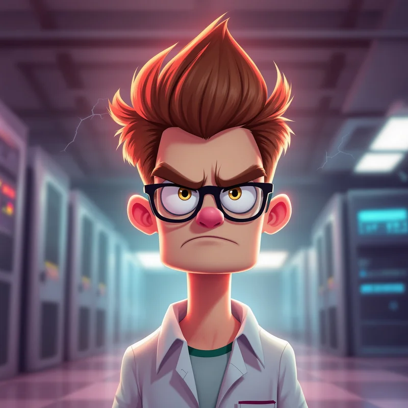 Dexter PFP avatar with neon laboratory and skeptical mood