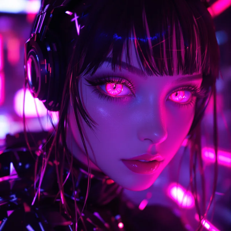 Neon girl Discord PFP with glossy anime eyes