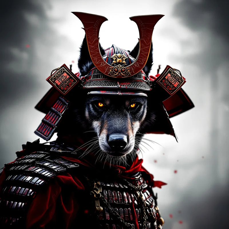 samurai dog pfp with cinematic warrior armor