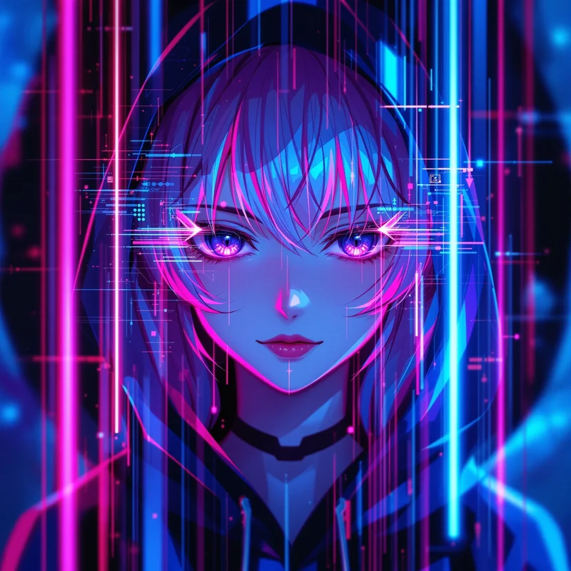 cyber glitch emo anime pfp with neon sadness and digital loneliness