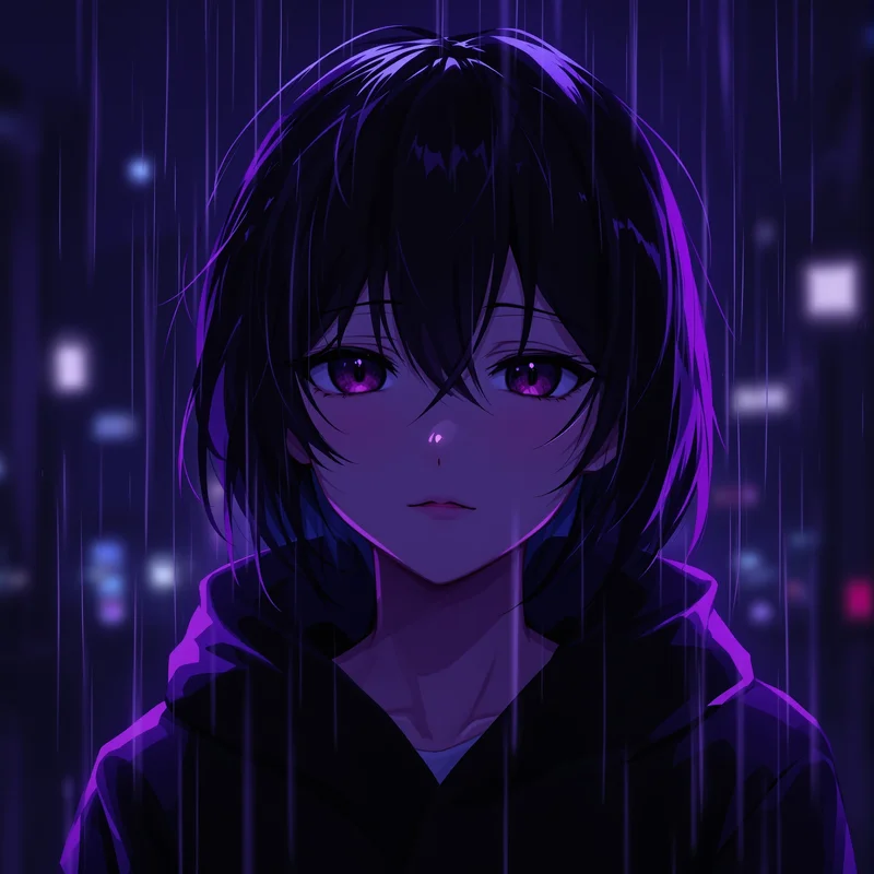 dark purple emo anime pfp with melancholic purple atmosphere