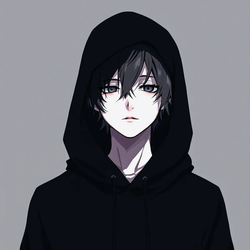 hoodie emo boy anime pfp with dark emotional hoodie aesthetic