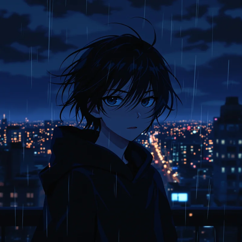 lonely rooftop emo anime pfp with midnight city atmosphere