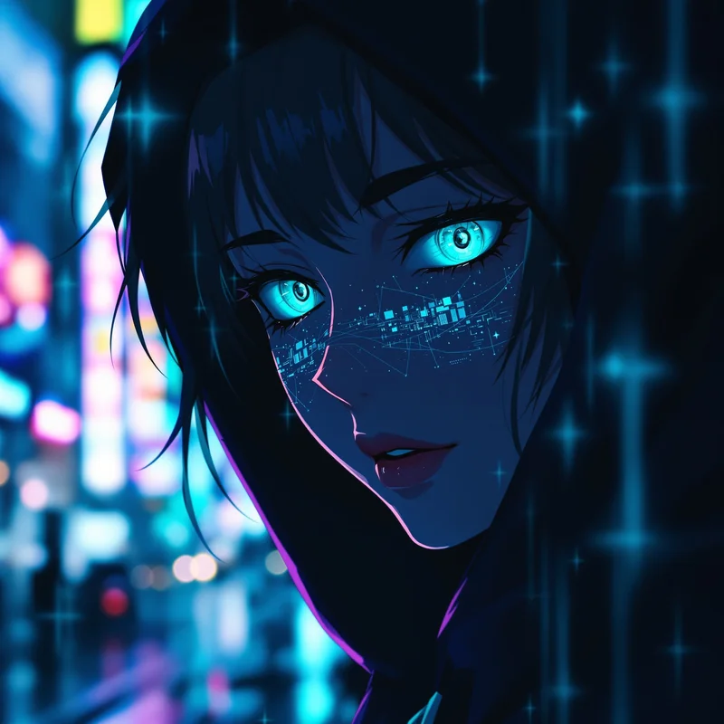 neon lonely emo anime pfp with glowing cyber sadness