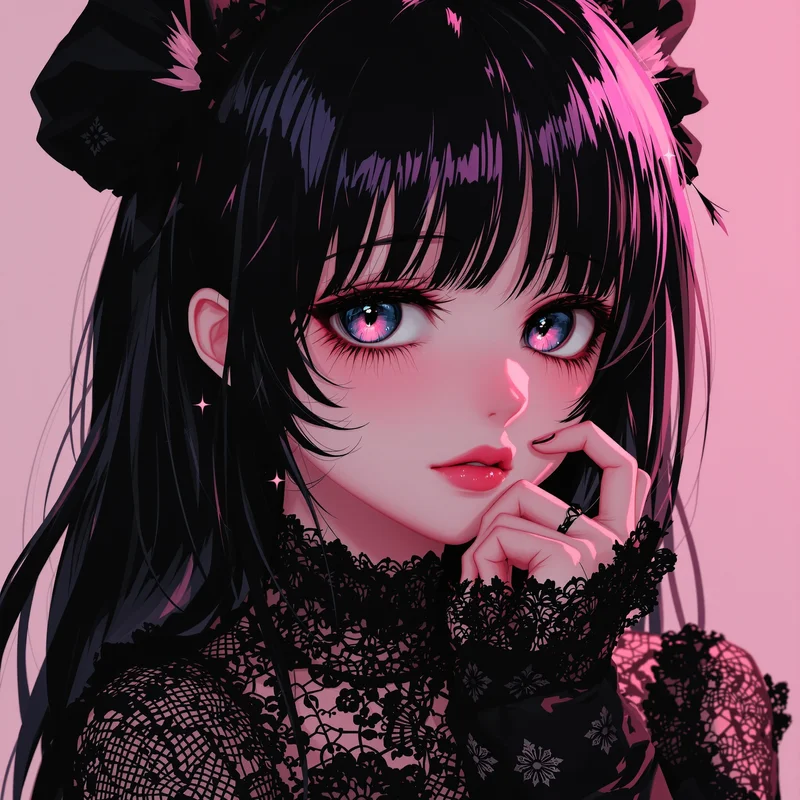 pink emo girl anime pfp with black pink romantic sadness