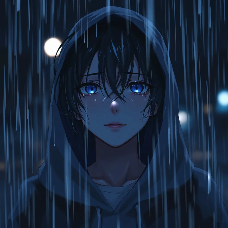 sad rain emo anime pfp with tearful eyes and cinematic loneliness