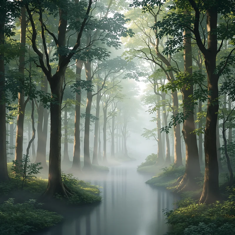 Luminous foggy forest background