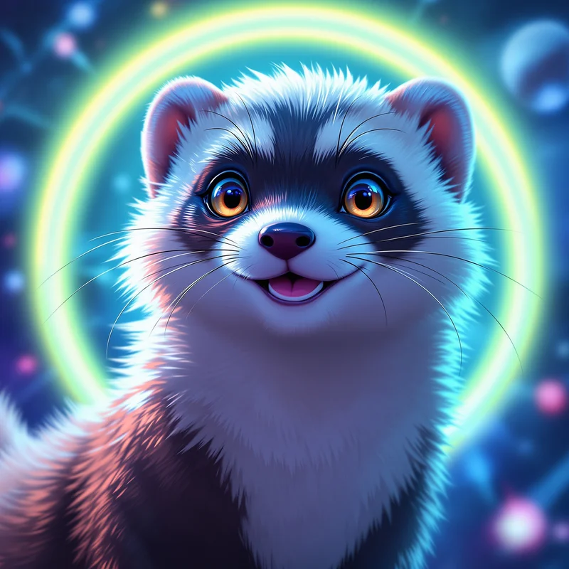 furry avatar portrait ferret with playful grin and space-themed background