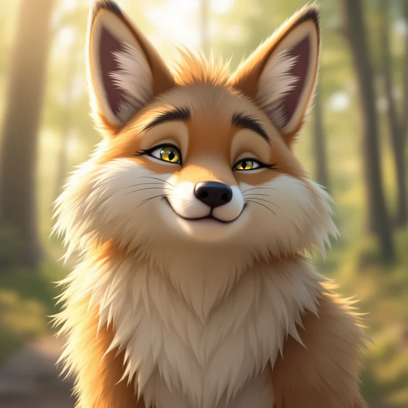 furry avatar portrait coyote with relaxed face and forest tone backdrop