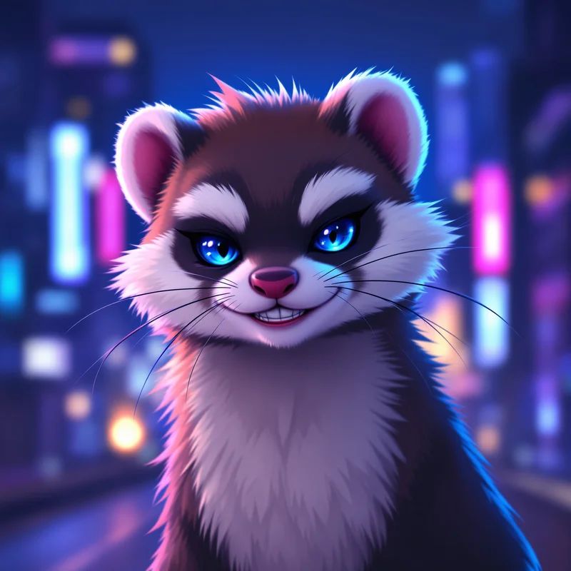 furry avatar portrait ferret with mischievous grin and city night blur