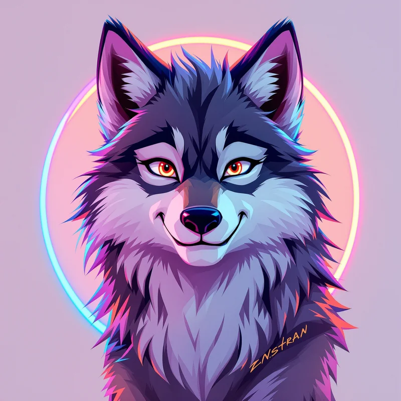 anthro avatar wolf PFP with neon rim light