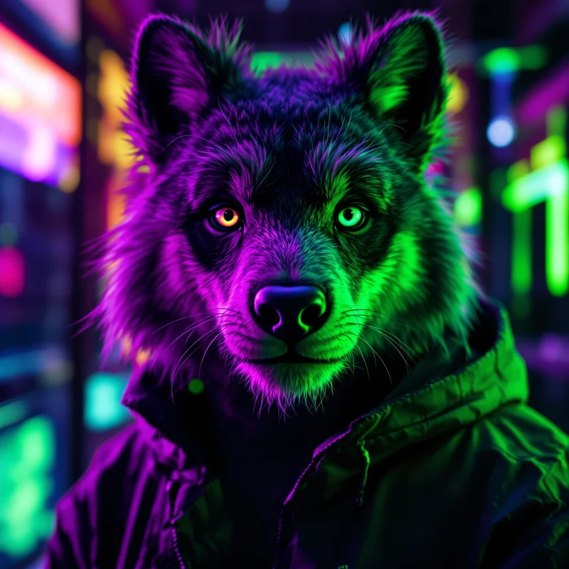 hacker cyber furry pfp with futuristic neon chaos