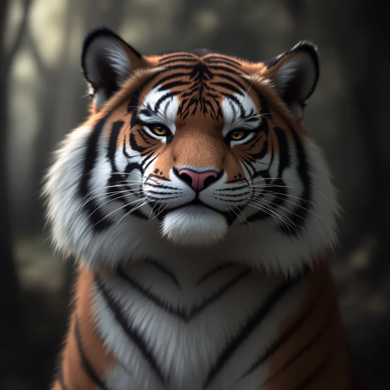 furry avatar portrait tiger with relaxed face and forest tone backdrop