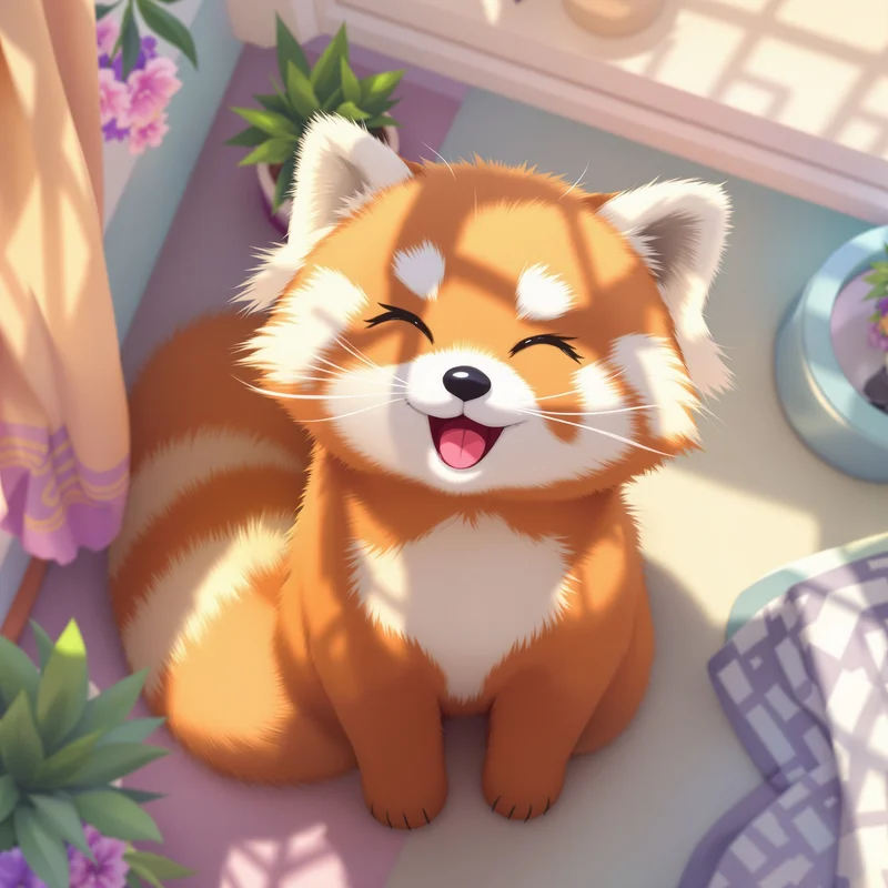 furry avatar portrait red panda with playful grin and room aesthetic