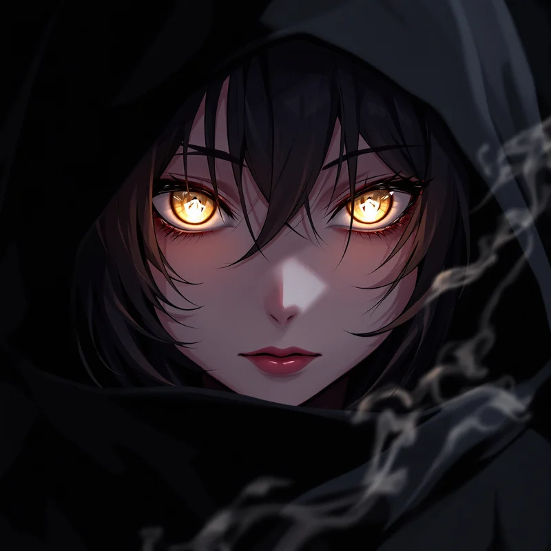 anime girl pfp with black hoodie and glowing eyes