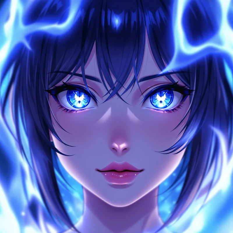 anime girl pfp with blue flame aura and glowing eyes