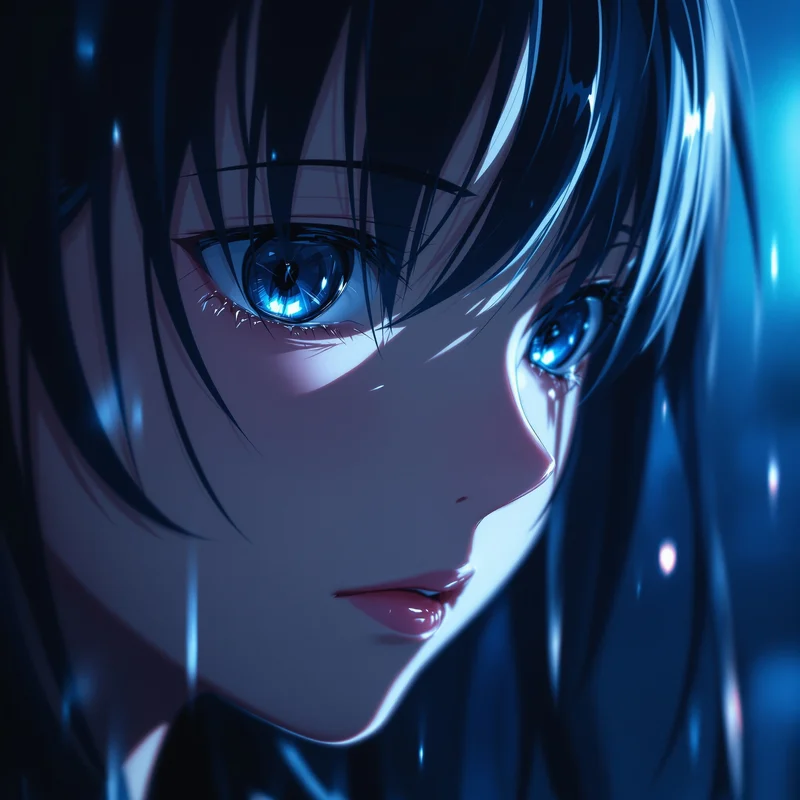 sad anime girl pfp with tears and soft dark lighting