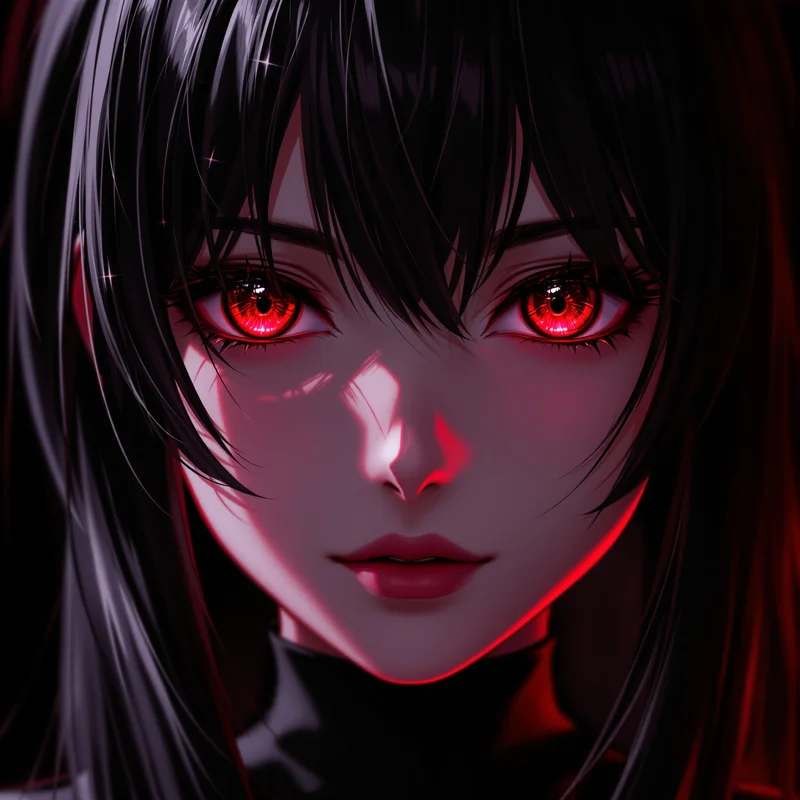 dark feminine anime girl pfp with crimson aura and shadow lighting