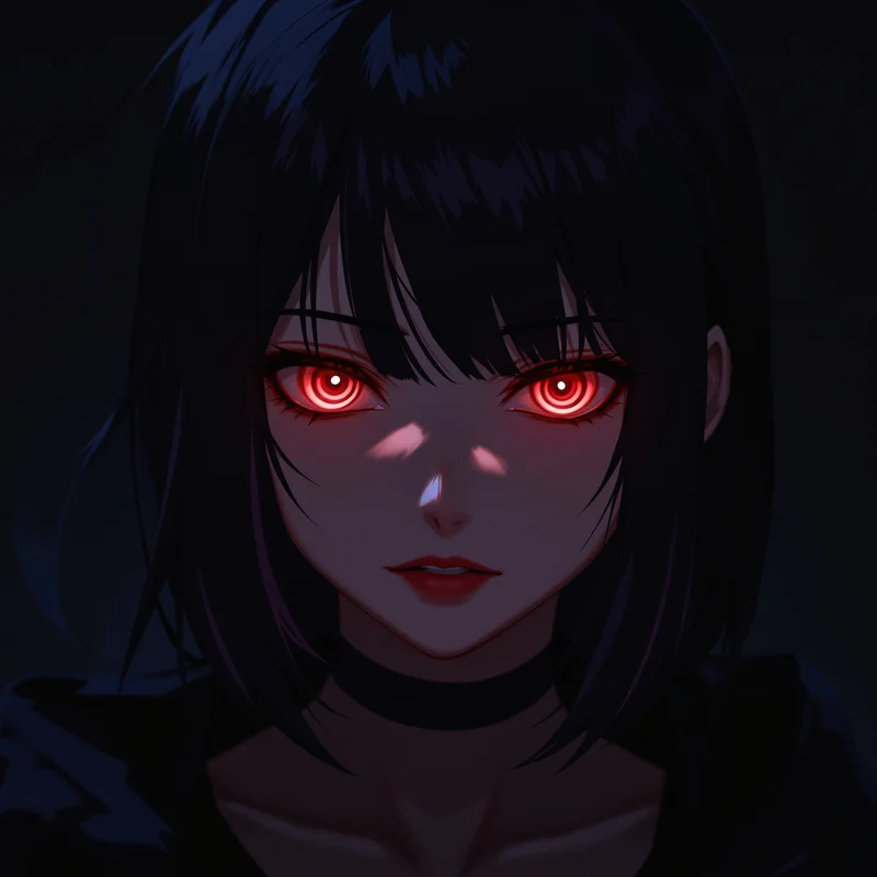 dark anime girl pfp with glowing red eyes and black shadows