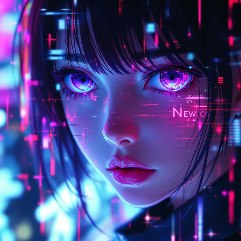 glitchcore anime girl pfp with cyber distortion effects