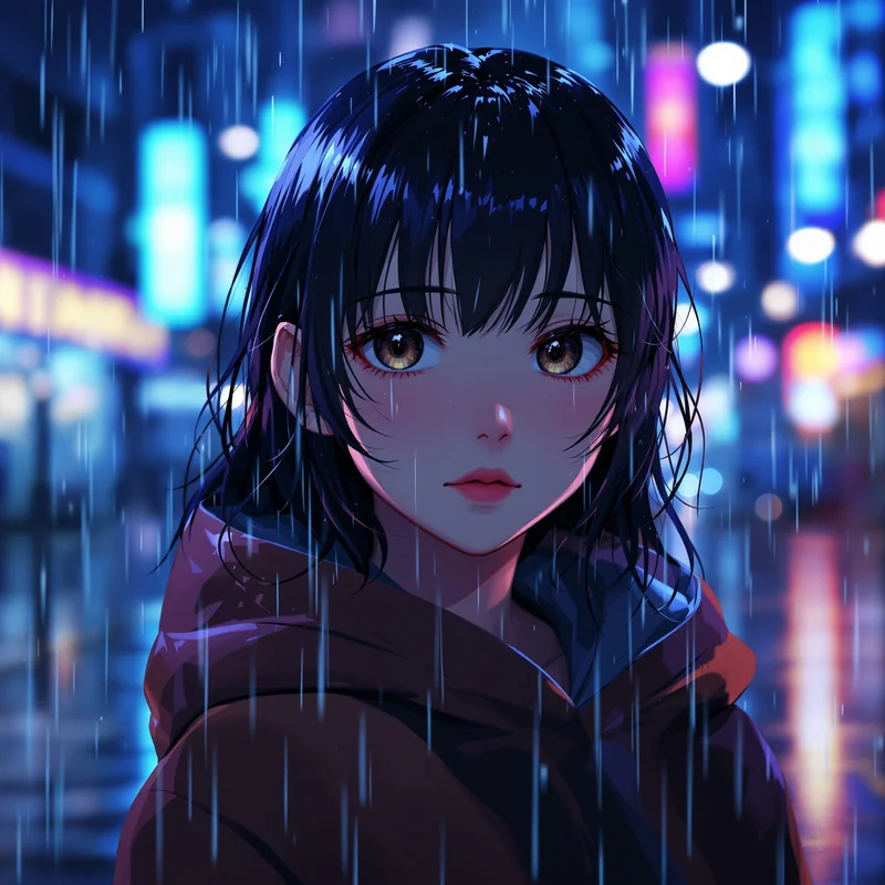 lonely anime girl pfp with rain and blue neon lighting