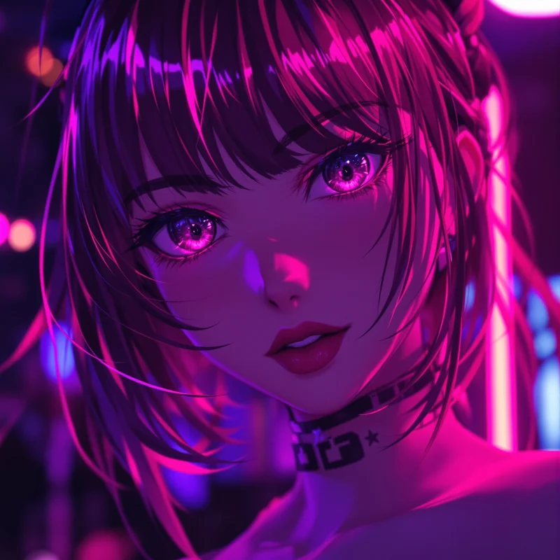 anime girl pfp with neon nightlife aesthetic