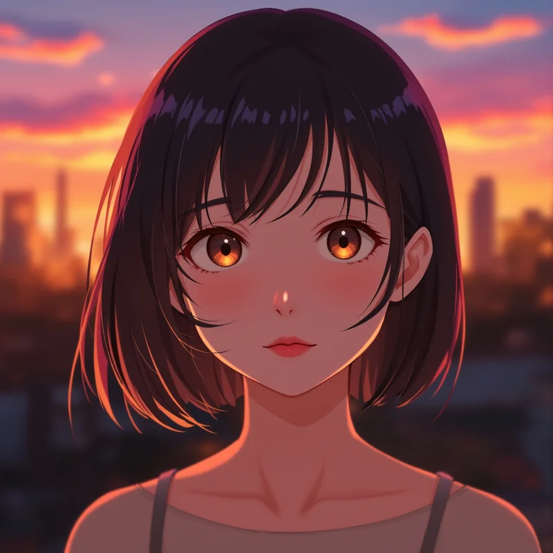 anime girl pfp with sunset glow and warm emotional mood