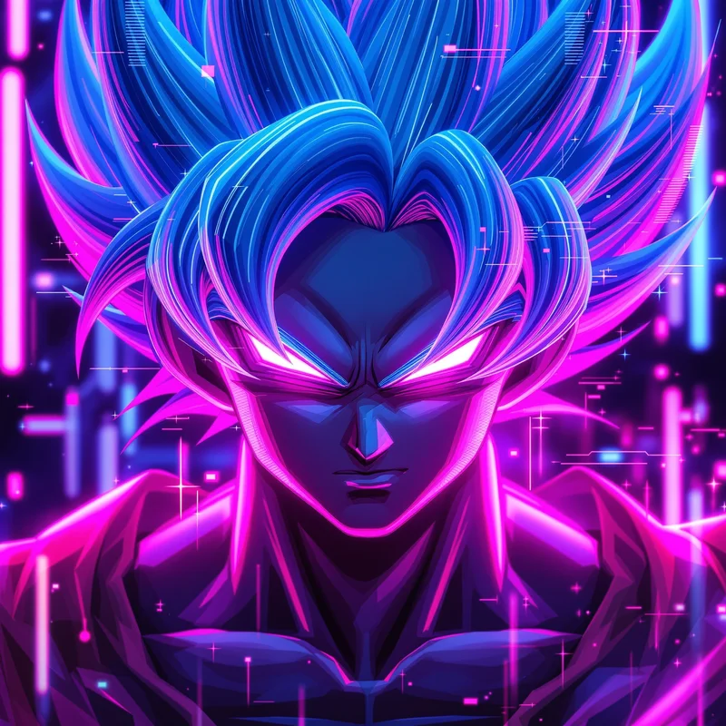 cyber neon goku anime pfp with futuristic aura