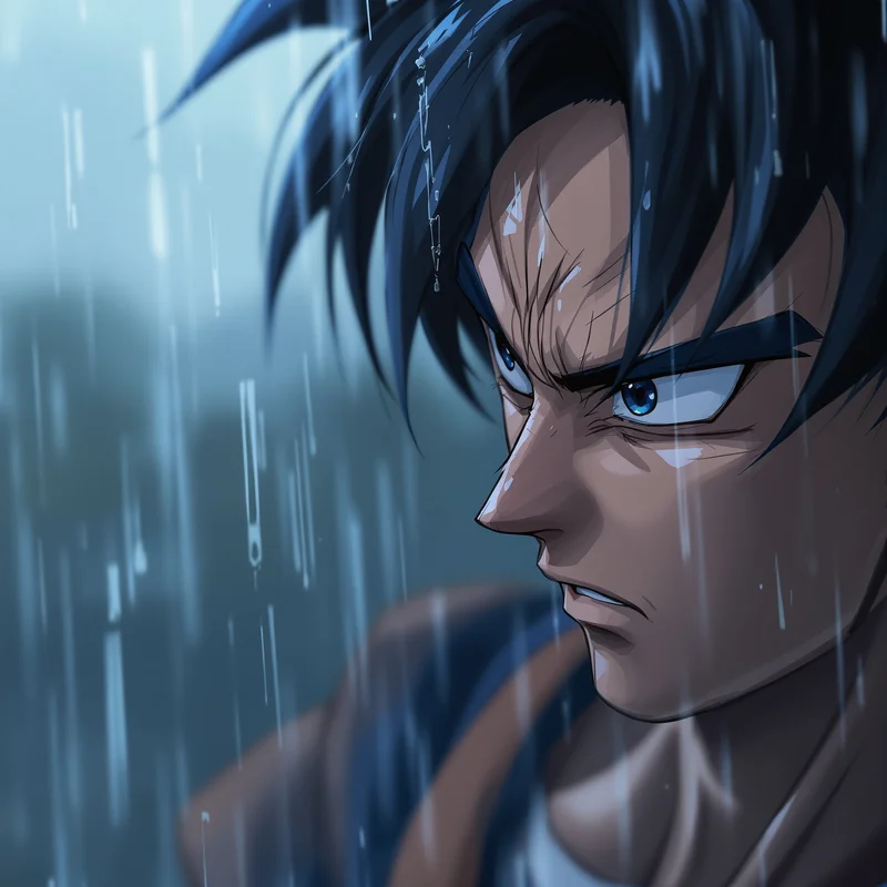 rainy emotional goku anime pfp with cinematic sadness