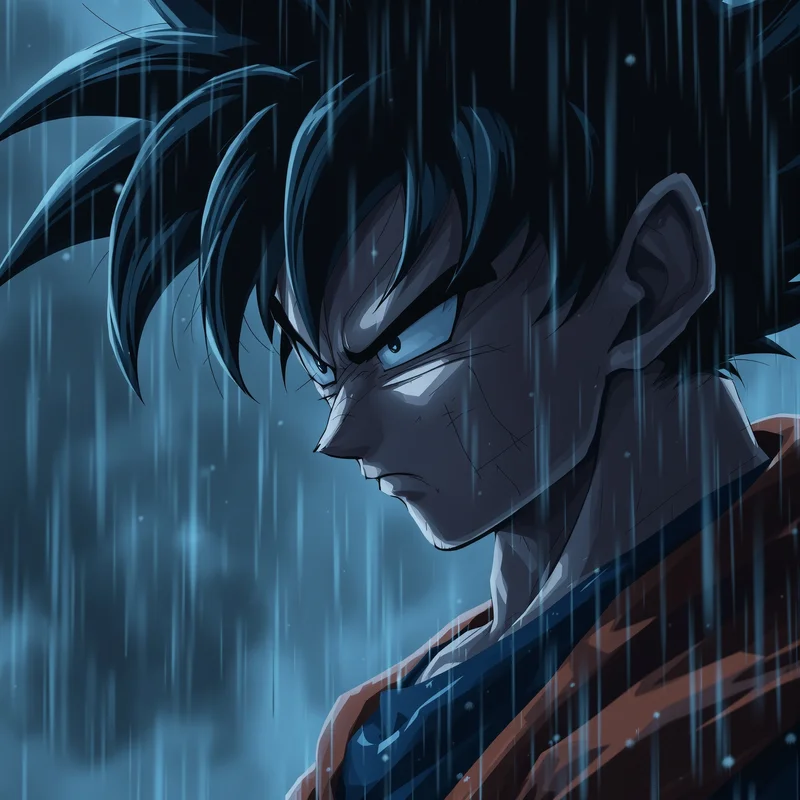 sad lonely goku anime pfp with emotional exhausted atmosphere