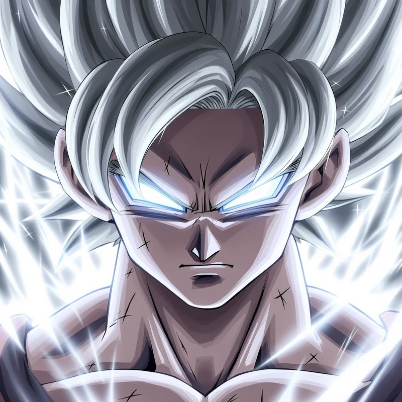 ultra instinct goku anime pfp with silver aura and glowing eyes