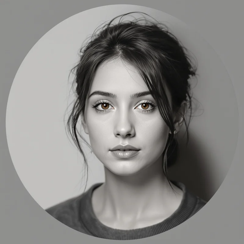 Grey avatar portrait with minimal aesthetic and identity