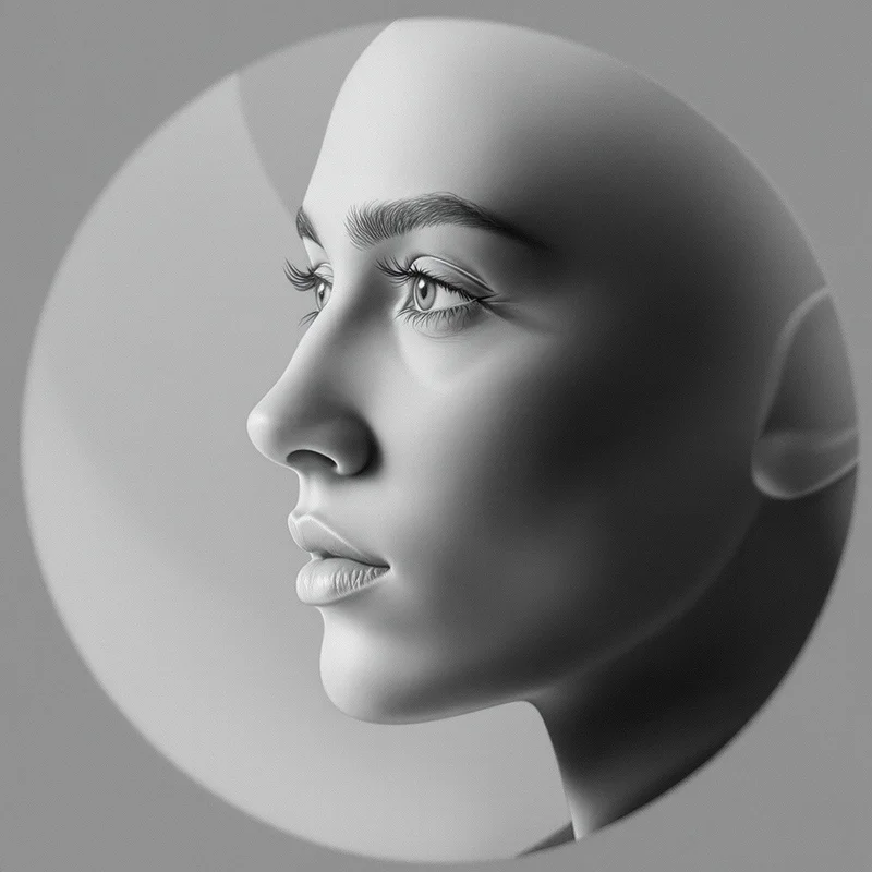 Grey avatar portrait with minimal aesthetic and identity