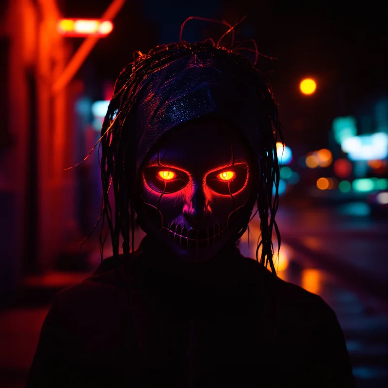 Halloween PFP with neon haunted reflections and dark seasonal atmosphere