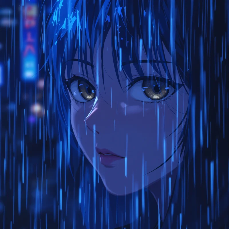 rainy night instagram anime pfp with cinematic blue mood