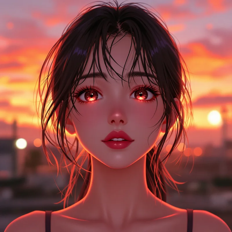 sunset instagram anime pfp with warm orange cinematic glow