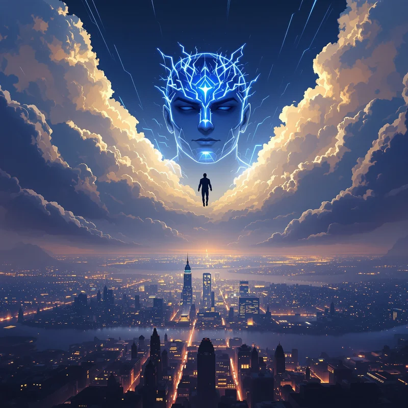 Silent floating Invincible PFP above cinematic city skyline