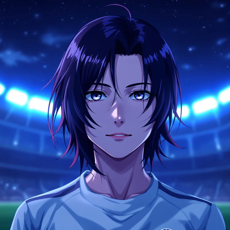 Isagi anime character portrait with blue energy lighting for portrait display