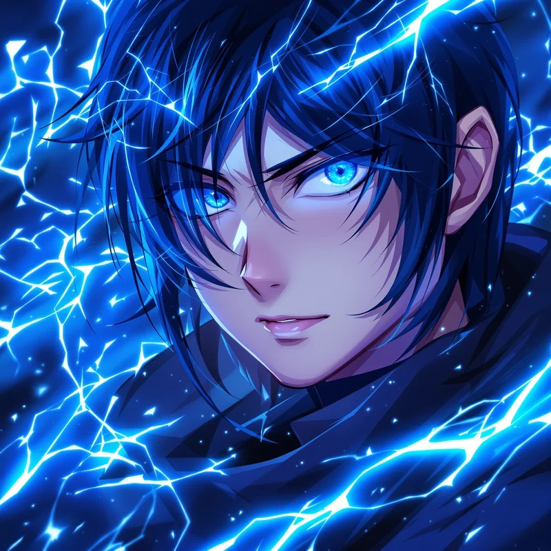 intense Isagi avatar portrait with blue energy lighting for anime account visuals